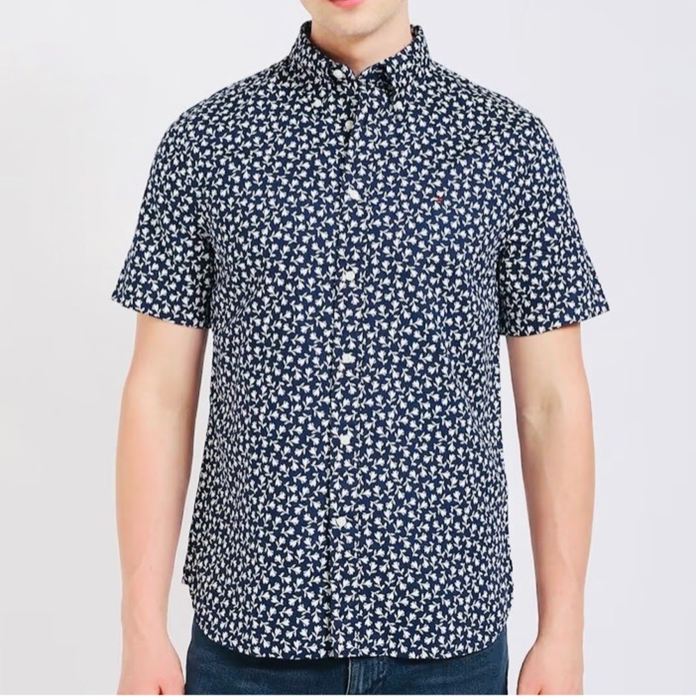 Tommy Hilfiger The Flex Button Down Short Sleeve Shirt Floral Navy Blue Size M